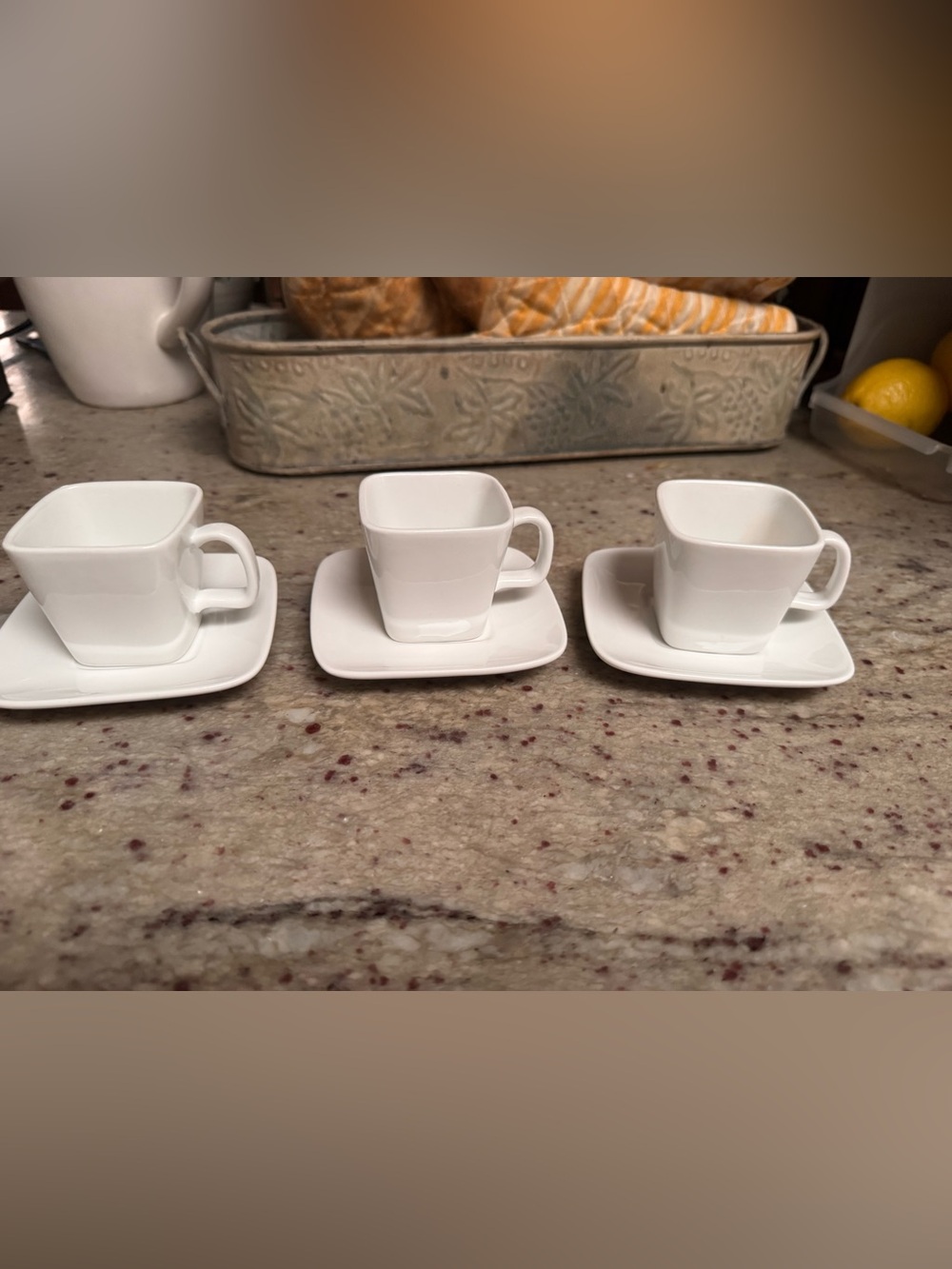 Crate&Barrel White Square Porcelain Espresso Cup & Saucer Trio